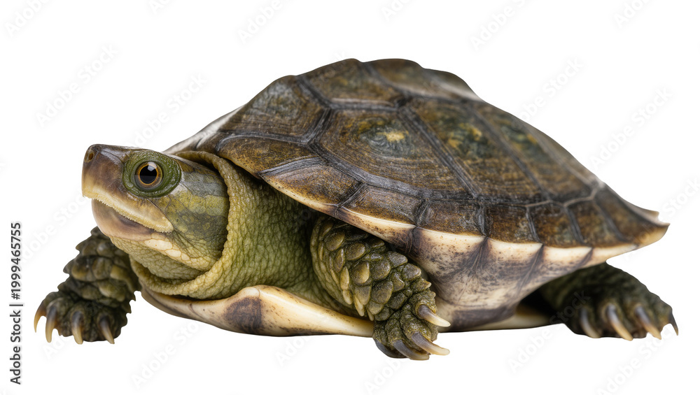 Obraz premium Greenish Brown Turtle with Scaly Shell and Clawed Feet