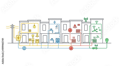 Smart City Infrastructure and Residential Utility Network Schematic.