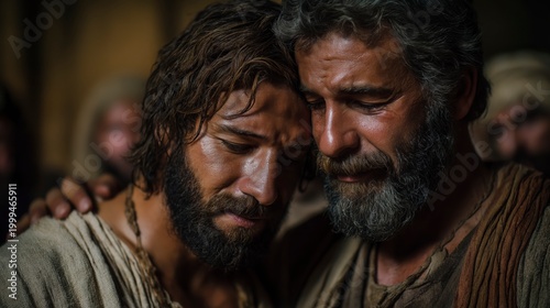 Joseph embraces his brothers in an Egyptian hall, tears revealing forgiveness and reconciliation after years of separation.
