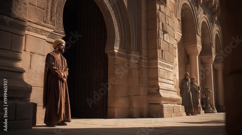 Mordecai stands by the palace gate overhearing guards’ whispers, as long shadows in the corridor reveal tension, vigilance, and a hidden plot.
