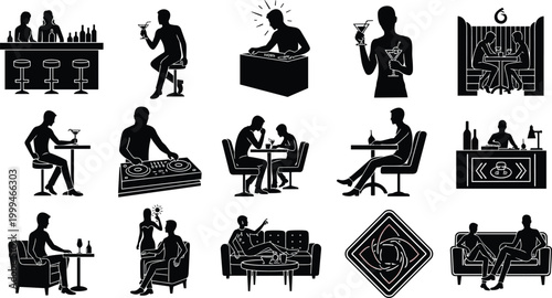 Vector Illustration of Silhouettes Depicting Social Situations in Bars and Lounges, Featuring Drinks, Relaxation, and Entertainment Scenes for Nightlife, Hospitality, and Leisure Designs