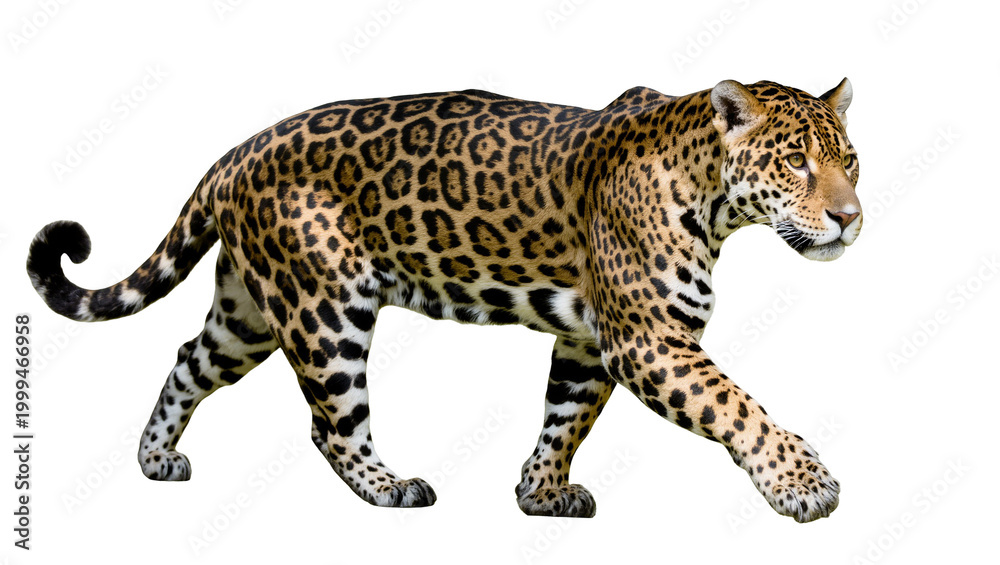 Fototapeta premium Spotted majestic jaguar walking with curled tail and alert expression
