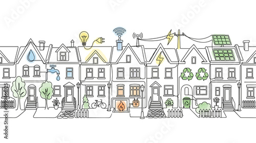 Hand drawn illustration of sustainable smart homes in a residential street.