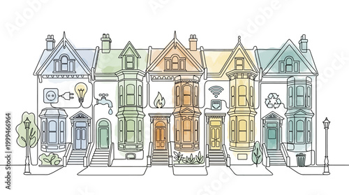 Row of colorful Victorian townhouses illustration with utility icons.