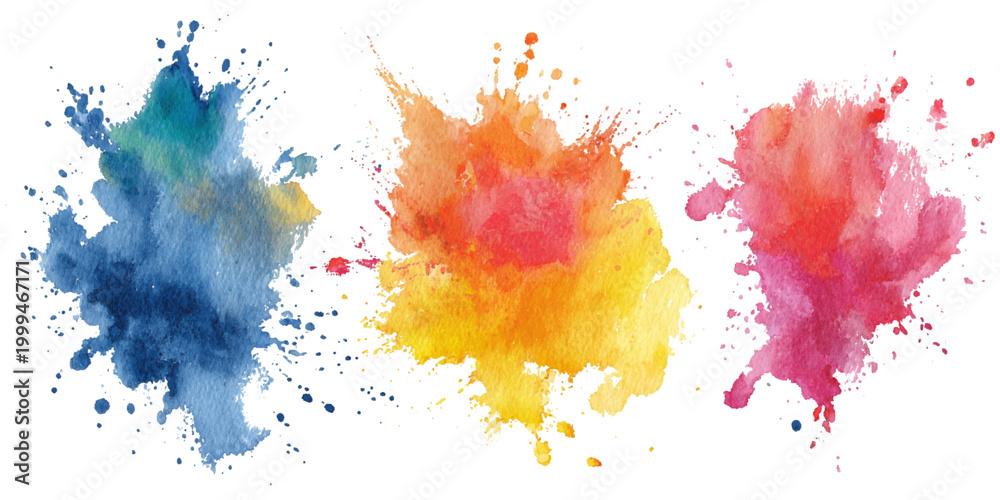 Fototapeta premium Colorful watercolor paint splatter design set. artistic brush strokes rainbow watercolor bundle and vibrant vector illustration background.