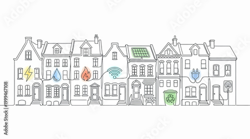 Sustainable city housing with energy and resource icons.