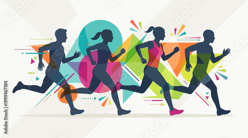 Group of four active runners in dynamic motion.