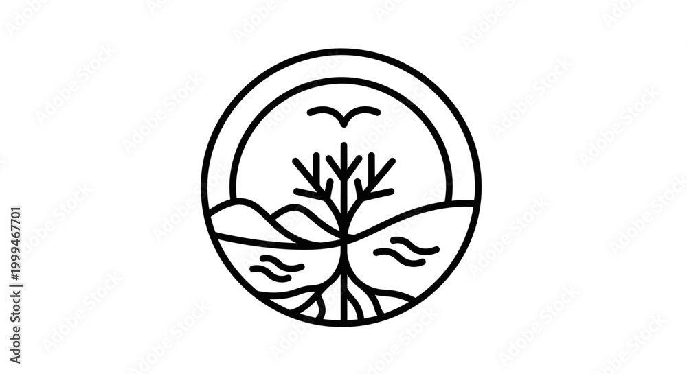 Fototapeta premium Minimalist Circle Emblem: Tree, Hills, Bird, Sun Arc, River Waves