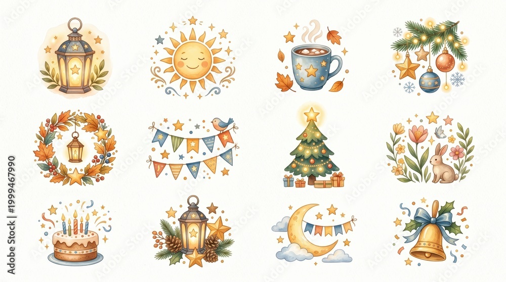 Obraz premium Watercolor art shows festive seasons like Christmas, autumn, spring, and birthday celebrations