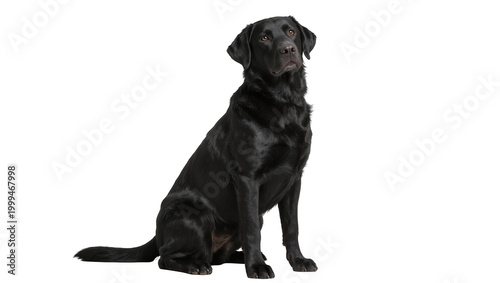 Photos Black Labrador Retriever dog sitting attentively, isolated on transparent backgr
