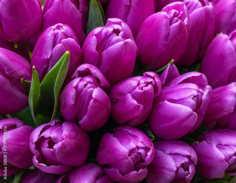 Naklejka premium Vivid close-up shows a dense bouquet of deep purple tulips with textured petals and occasional green foliage peeking through