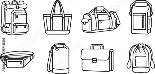 Collection of black and white backpacks and bags vector icons Vector
