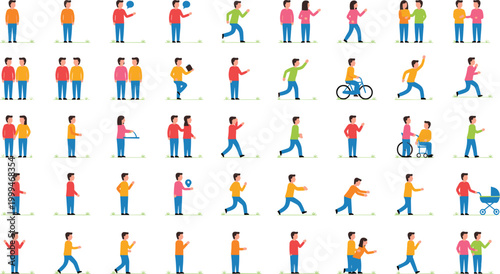 Mega set of flat people icons featuring men and women walking running cycling and diverse daily outdoor activities vector