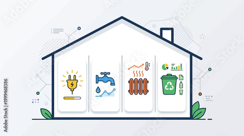 Eco friendly smart home energy and resource management illustration.