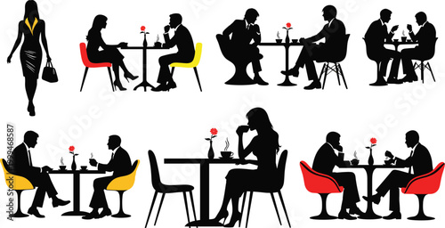 Vector Illustration of Silhouettes of Couples Dining at a Table with Romantic Atmosphere, Featuring Colorful Chairs, Drinks, and Elegant Settings for Love and Dinner Date Designs