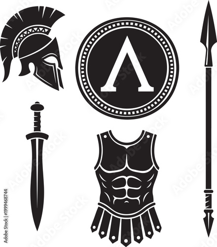 Greek Spartan Warrior Armor and Weapon Silhouette Set Including Corinthian Helmet Lambda Shield Short Sword Spear and Body Muscle Plate for Ancient History Mythology and Military Graphics