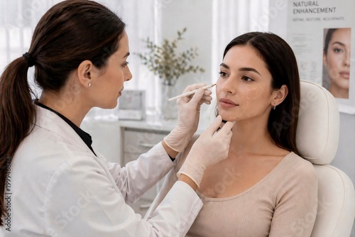 Cosmetic Filler Consultation with Doctor Marking Facial Points on Patient in Bright Modern Clinic, Natural Enhancement and Aesthetic Medicine Concept