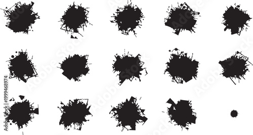 Black ink splatter explosion with sharp edges on plain surface