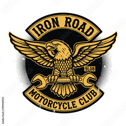 A classic monochrome emblem design featuring a powerful eagle with spread wings clutching a wrench, encircled by the text Iron Road Motorcycle Club. design