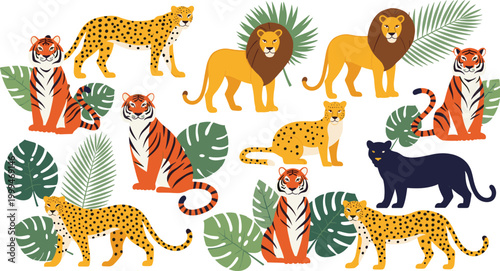 Wild Animal Collection Vector Illustration Featuring Tigers, Leopards, Lions, and Panthers Surrounded by Tropical Leaves and Nature Elements.