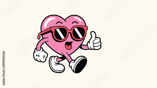 Cool cartoon heart character wearing sunglasses and giving thumbs up gesture.