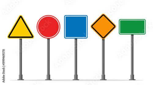 Set of blank road signs with different shapes and colors on poles.
