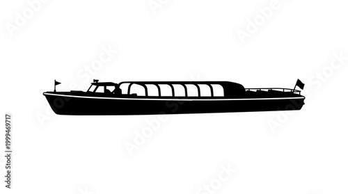 Vector silhouette of long passenger boat with canopy and flags, water transport travel art