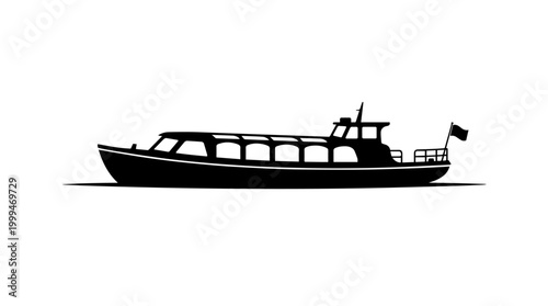 Vector silhouette of long passenger boat with canopy and flags, water transport travel art