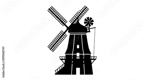 Vector silhouette of traditional windmill with blades and tower, European landmark agricultural heritage art