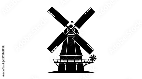 Vector silhouette of traditional windmill with blades and tower, European landmark agricultural heritage art
