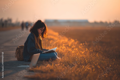 University student reading in sunset park
