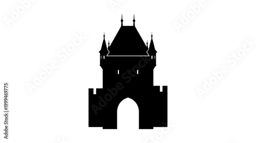 Vector silhouette of medieval gate tower with spires and arched entrance, European landmark architectural art