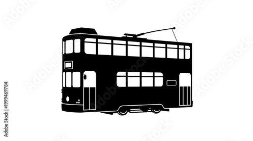 Vector silhouette of double‑decker tram with windows and trolley pole, urban transport landmark art