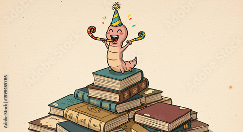 Bookworms Birthday Celebration A Literary Party on a Stack of Books.