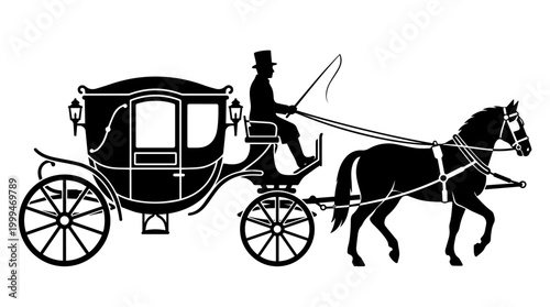 Vector silhouette of horse‑drawn carriage with coachman and reins, vintage transport cultural heritage art