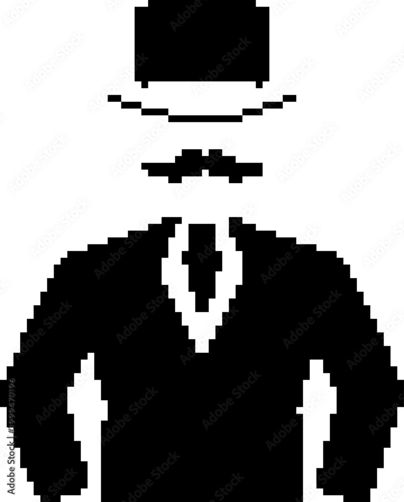 Fototapeta premium Pixel art hipster gentleman in suit with top hat and bow tie on transparent background vector illustration