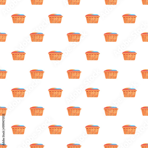 Laundry baskets filled with dirty clothes creating a seamless repeating pattern on white background