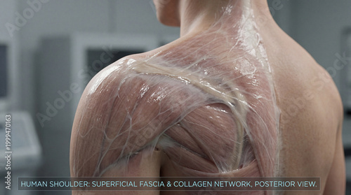 Exploring the delicate lattice of the human shoulder's superficial fascia and collagen fibers revealed in a detailed posterior view