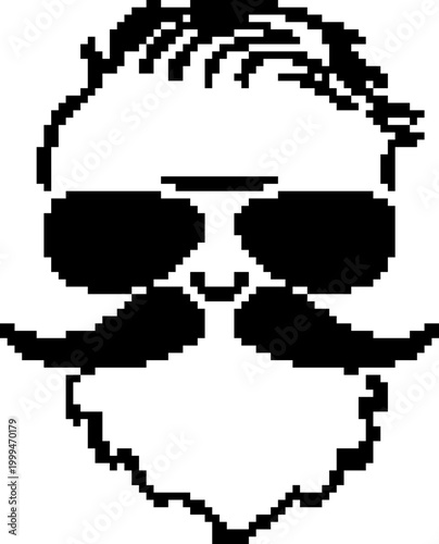 Pixel art hipster man face with sunglasses mustache and beard on transparent background vector illustration