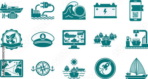 Zero emission ship icons for green maritime transport