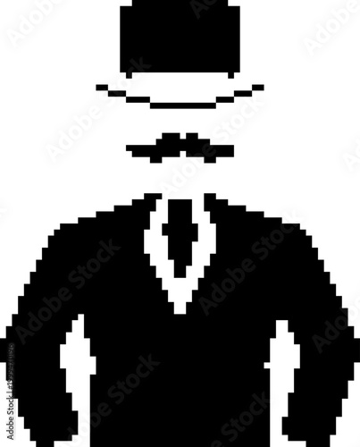 Pixel art hipster gentleman in suit with top hat and bow tie on transparent background vector illustration