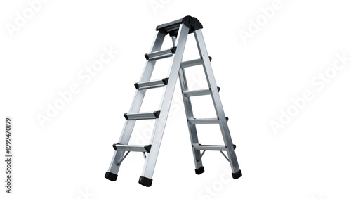 Schilderij op canvas Silver aluminum A-frame stepladder with black rubber feet, isolated on transpare