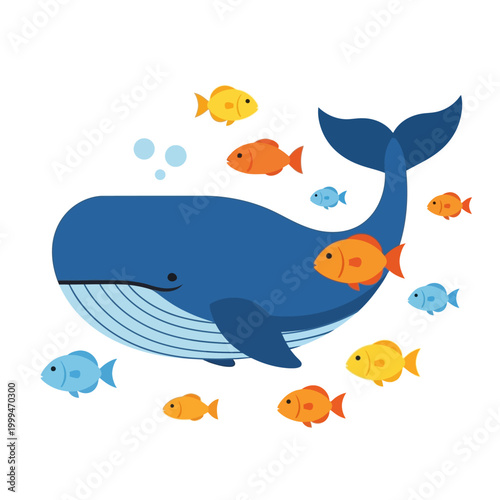 Cute Blue Whale Swimming with Small Colorful Fish and Bubbles