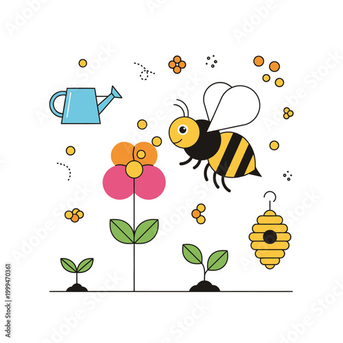 Cute cartoon bee flying near a flower, watering can, and beehive in a garden