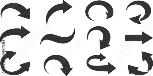 Collection of solid black curved thick arrows navigation signs and symbols set flat style graphic vector illustration.
