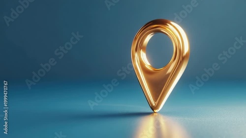 Golden location pin on water. 3d navigation pointer for business address and map positioning. Abstract background for travel or marketing. Place of shining.