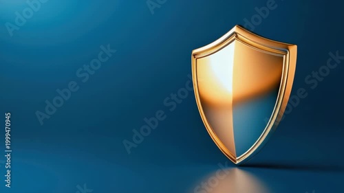 Golden shield on navy blue background. Data security and privacy system. Symbol of safety and protection. Strong antivirus for business promotion material.