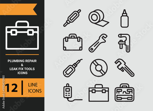 Plumbing Repair Leak Fix Tools Outline Icons for Maintenance