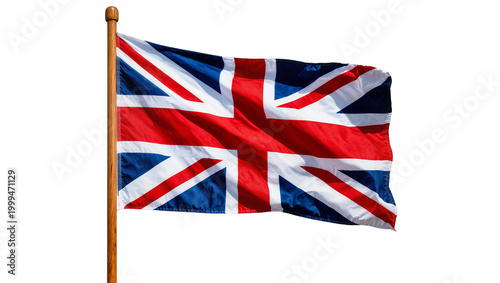 Waving Union Jack flag on wooden pole, isolated on transparent background