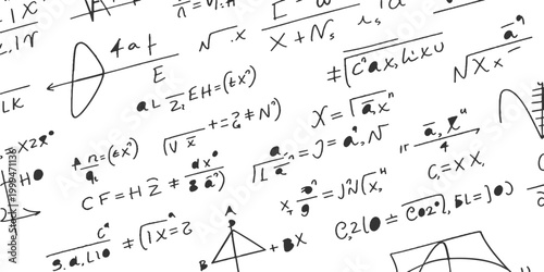 Complex handwritten mathematical formulas equations and geometry charts on white background educational study concept vector illustration art.